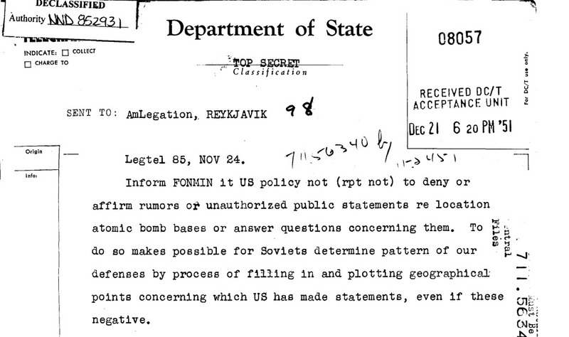 US Department of State top secret memo dated Dec 21, 1951 sent under name Sec of State Dean Acheson